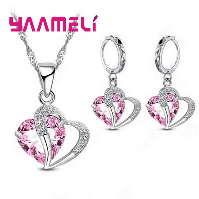 Bridal Jewelry Set Heart CZ Crystal 925 Silver Color Pendant Necklace Earrings for Women Wedding Anniversary Gifts