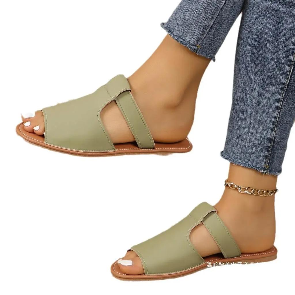 Fashion Ladies' New Summer Flat-bottomed Open-toed Slippers, Solid-color Fish-mouth Beach Cool Slippers