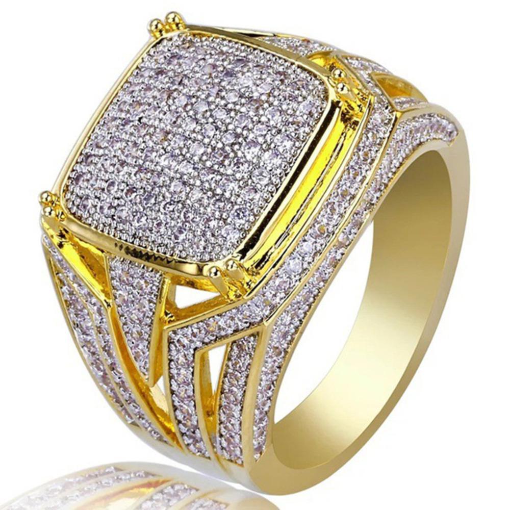 WOSIKATE Luxury 18K Gold-plated Square Ring For Men Fully Inlaid With Zirconia Two-tone Engagement Finger Ring Fashion Jewelry