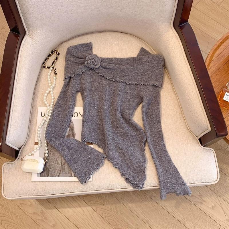 Sweet 3D Floral Off Shoulder Knit Sweater Women Winter Elegant Lace Trim Tops