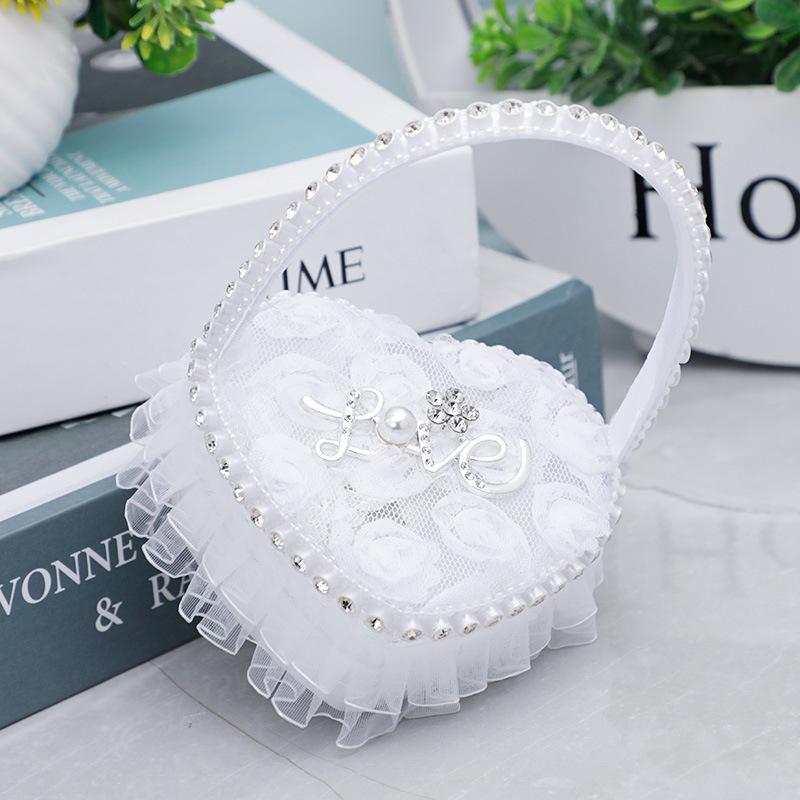 WTEMPO Elegant Wedding White Flowers Baskets Lace-trimmed Wedding Baskets Hand-held Flower-scattering Large Fake Flowers Decor Small Baskets