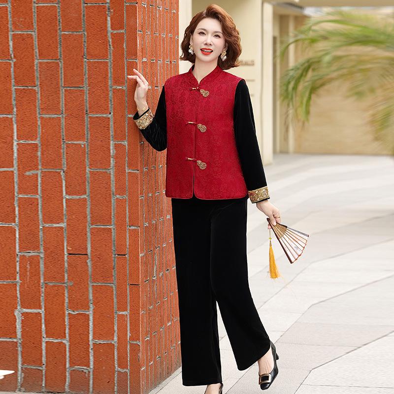 

Chic Spring & Autumn Chinese Vest Set: Modern Three-Piece for Middle-Aged & Elderly Women 5XL (145-160 jin) красный