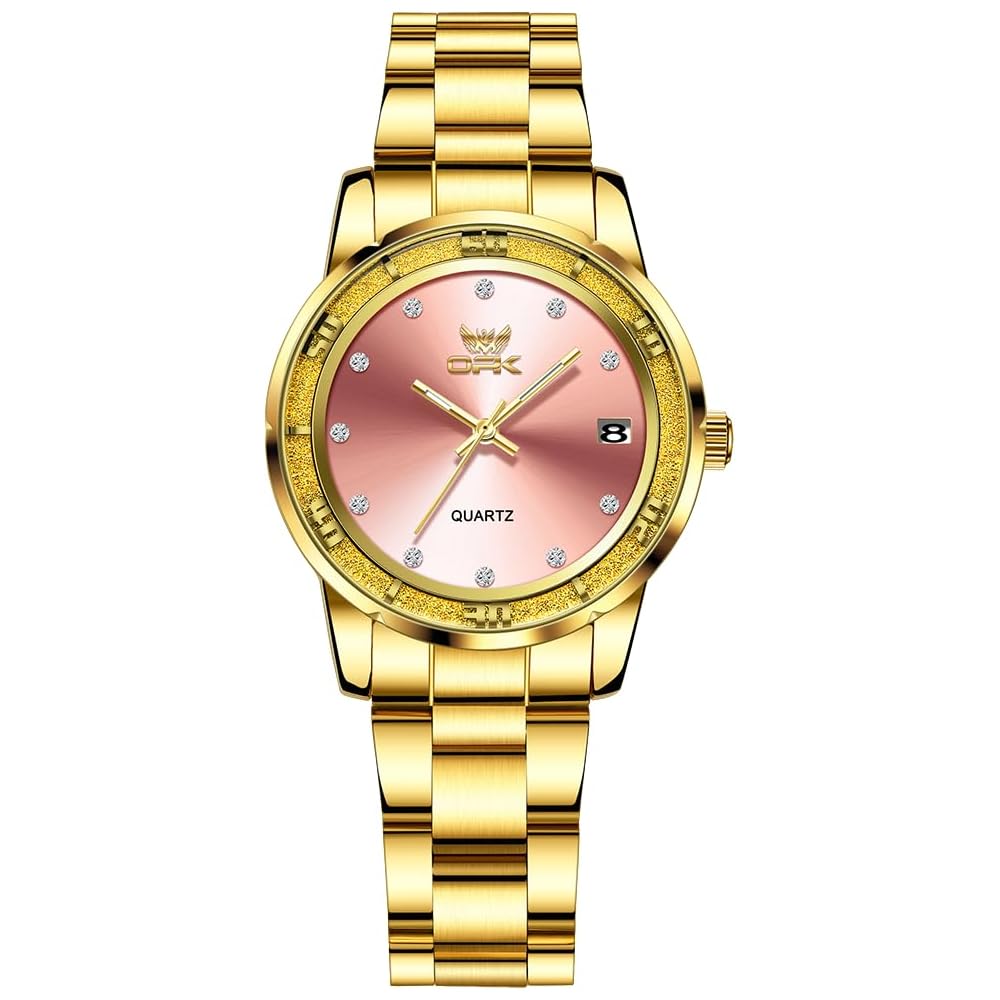 Women s Analog Watch Round Face Calendar Gold Quartz Stainless Steel Strap Pink