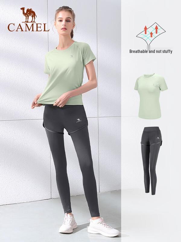 Kamelfärgad Unisex Kortärmad Tvådelad Set för Yoga & Sport