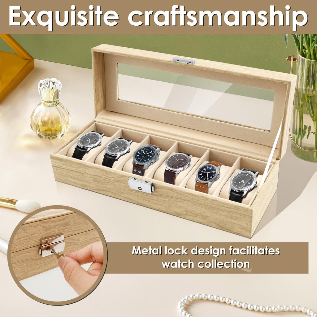 6 Slot PU Leather Watch Box with Keys and Locks Transparent Glass Lid Removable Watch Pillows Organizer Jewelry Display Box