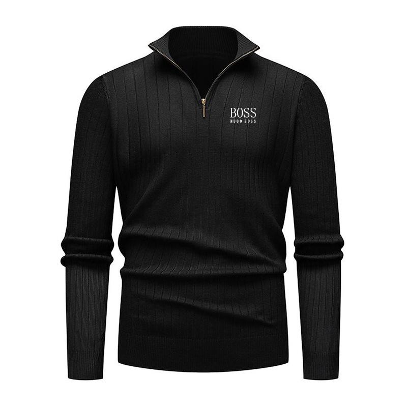 

Men s Half-Zip Stand Collar Embroidered Knitted Sweater with Vertical Stripes - Autumn/Winter Fashion XXXL чорний