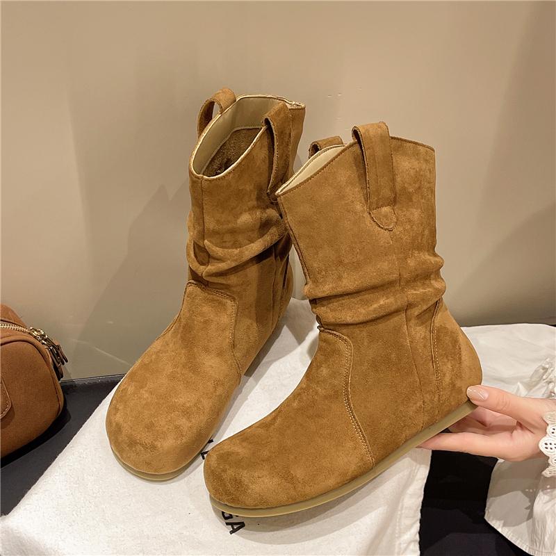

Модные женские замшевые повседневные ботинки нового стиля для женщин Модные ботильоны Короткие Слипоны На плоской подошве Ретро Универсальные Мягкая подошва Женские ботинки 35
