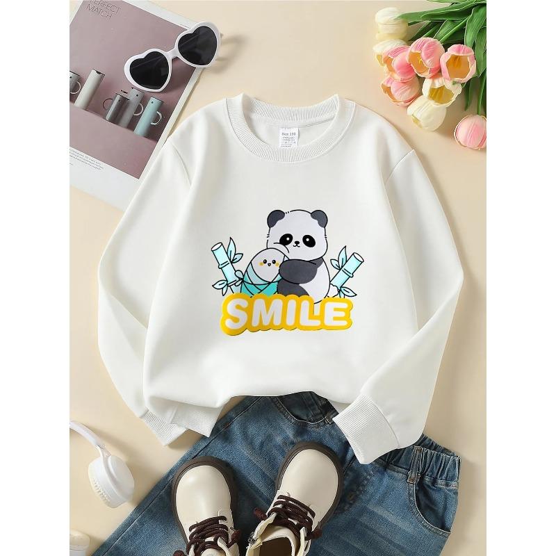 European Sizes Kids' Crewneck Sweatshirt - Cute Panda Holding Bamboo Rayon Rayon Smile , Sportswear And Casual Wear, Soft And Comfortable