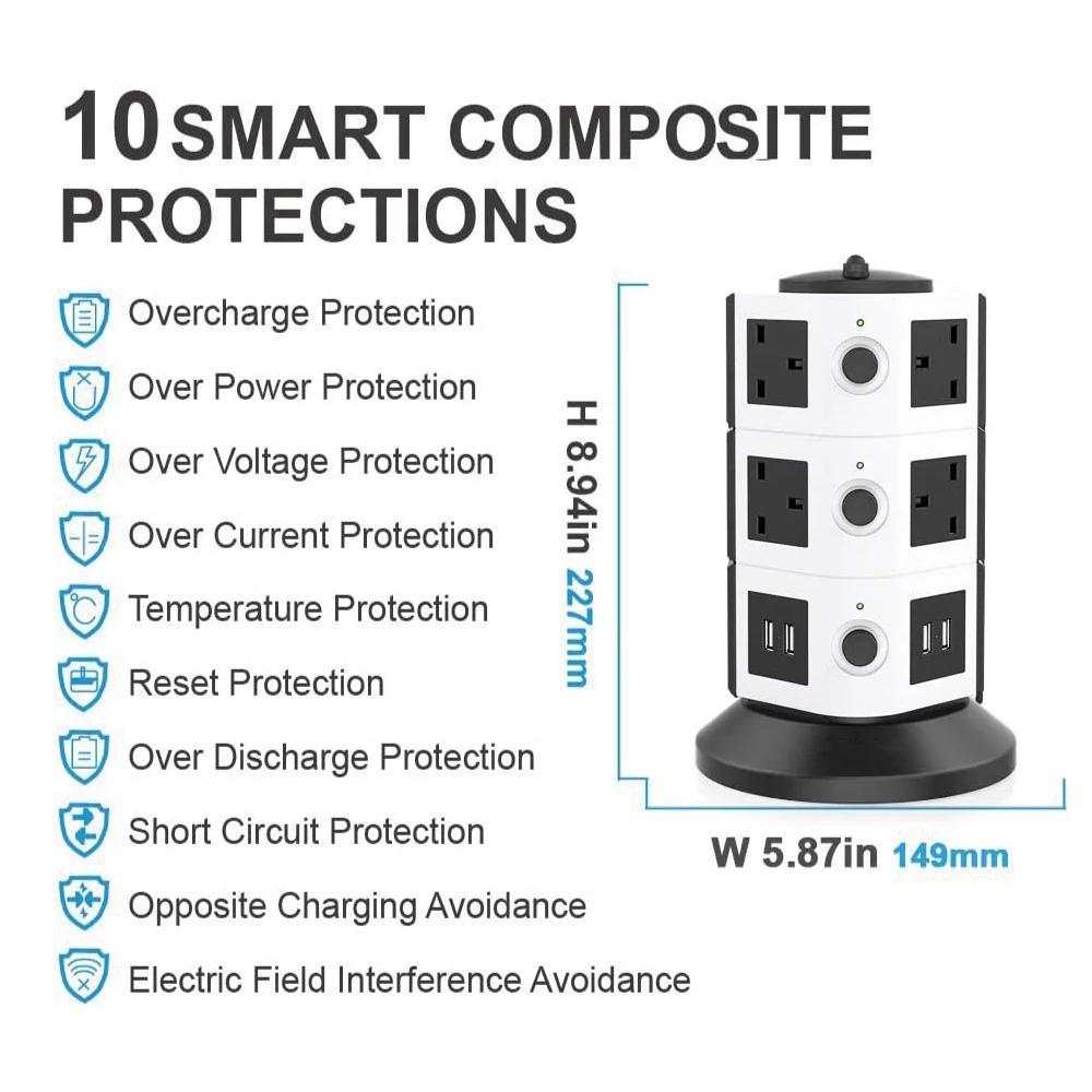 Vertikální prodlužovací lišta s více přepěťovou ochranou, prodlužovací zásuvky s individuálním spínáním, zásuvky, USB nabíjecí stanice, 2m kabel