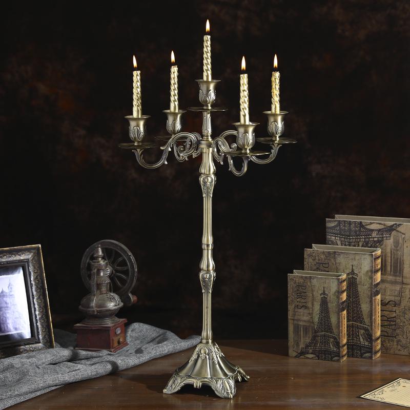 Bronze Retro Metal Candlestick with Three and Five Heads for Hotel, Wedding, or Restaurant Candlelight Dinners.