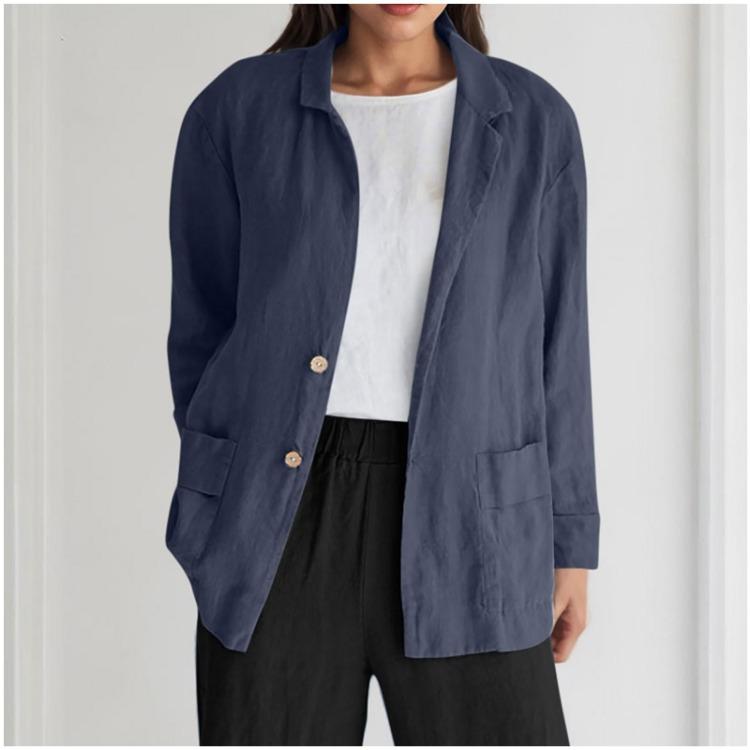 Casual Loose Long Sleeved Jacket Women Solid Color Button Pocket Fashionable