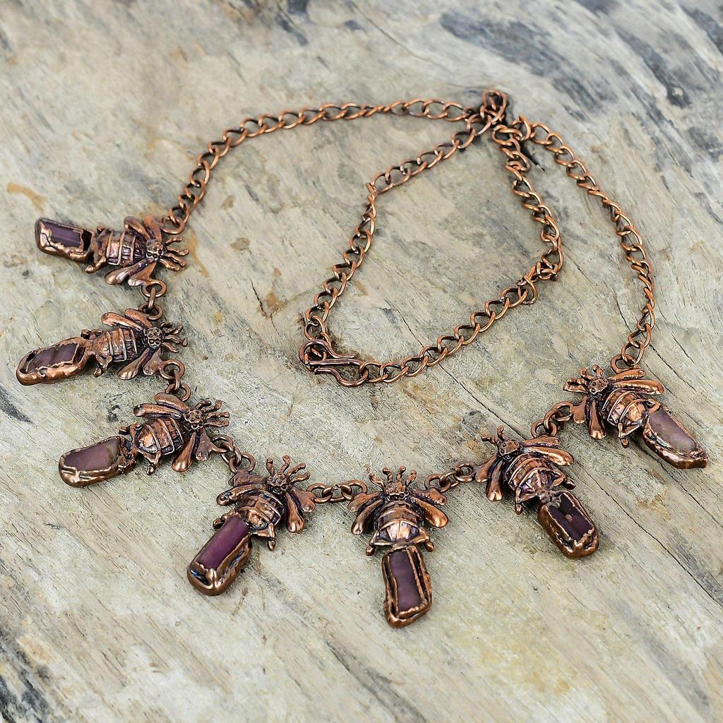 Pink tourmaline rough necklace electroformed copper necklace adjustable chain necklace honey bee necklace natural gemstone handmade jewelry
