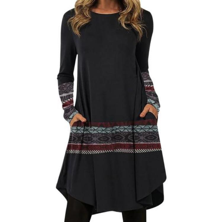 

Lady Warm Long Sleeve Autumn Dress Trendy Casual Geometric Pattern Work Dress L чёрный
