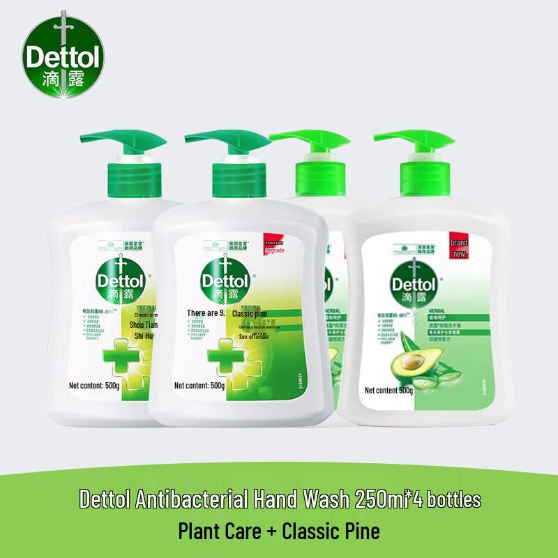 Dettol Antibacterial Hand Wash 4-Pack (Plant Care & Classic Pine, 500g Each)