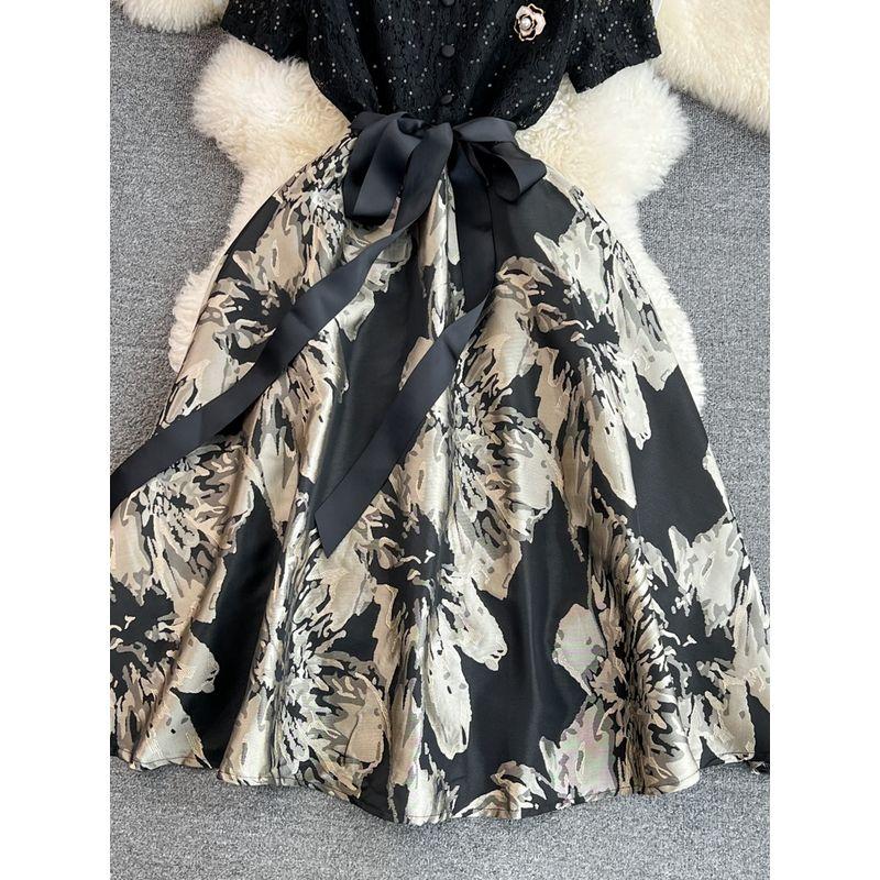 Summer French Style Lace A- line Jacquard Dress Short Sleeve