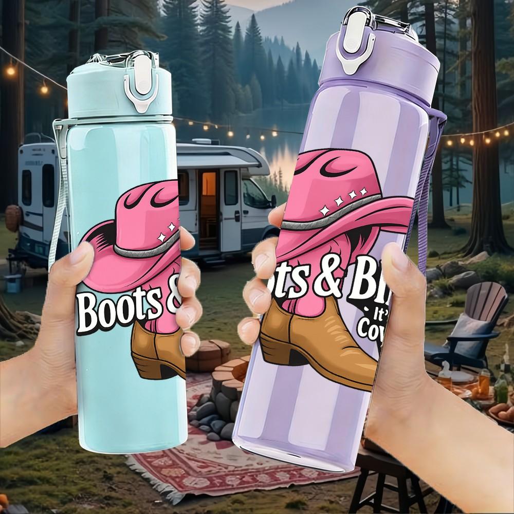 1PC Boots Bling Cowboy Hat Art 750ml Color Plastic Sports Water Bottle Leakproof Flip Straw Lid Suitable for Sports Office Home Use