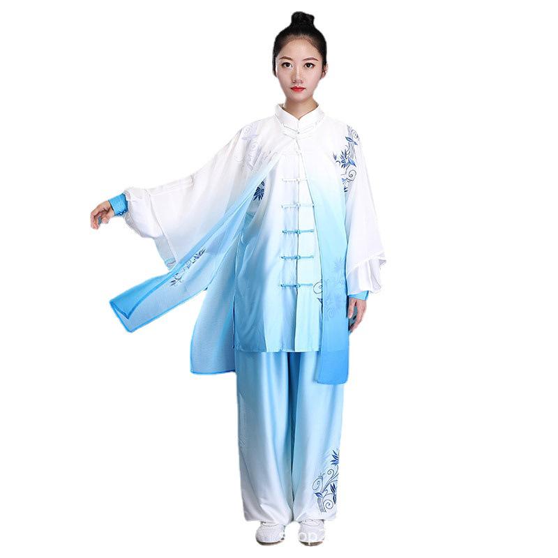 Blue & White Porcelain Gradient Tai Chi Suit: Embroidered Performance & Practice Attire for Women & Men.