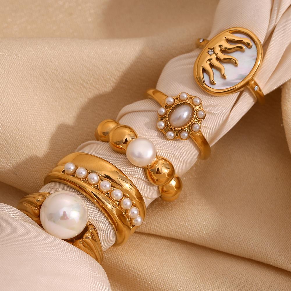E.B.belle Elegant Imitation Pearl Series Rings 5 Style Stainless Steel Gold Plated Waterproof Hypoallergenic For Women