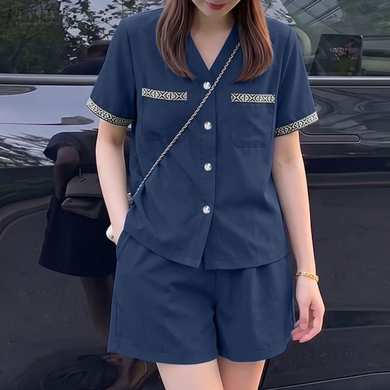 ZANZEA Women Short Sleeve Blouse and Shorts Summer Two Piece Suit Sets