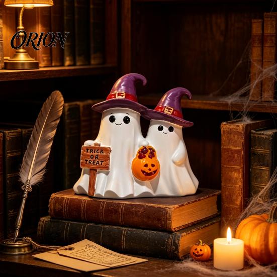 Halloween Mantel Countertop Decor Ghost Figurine, Cute Spooky Resin Statue with Retro Table Decorations Witch Hat for Table, Tiered Tray, Kitchen,
