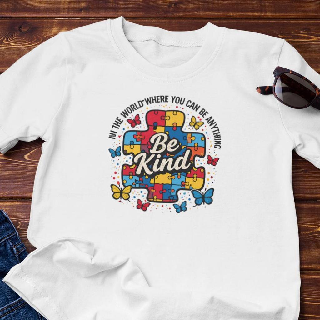 Autism Awareness T-Shirt | In A World Where You Can Be Anything, Be Kind - Cotton Tee