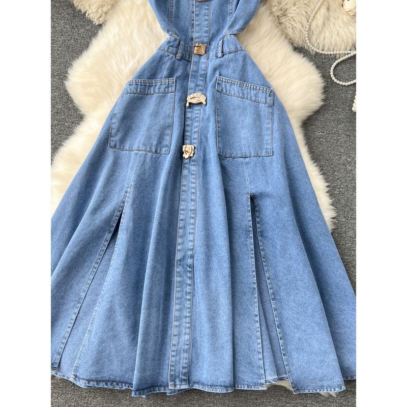 Cut Out Waist-Baring Slim-Fit Long Retro Denim Vest Dress