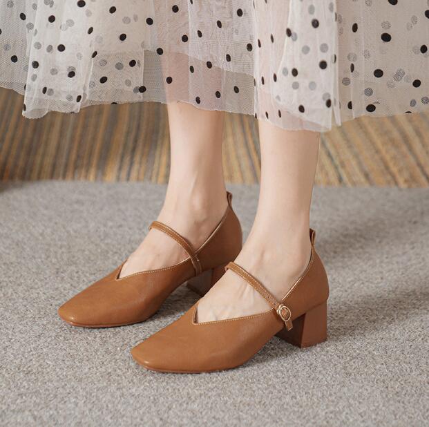 Fashion 2024 New Square-toe Woman Leather Shoes Elegant French Retro High Heel Shoes Women'S Shallow Mouth Casual Chunky Heel Dress Sho