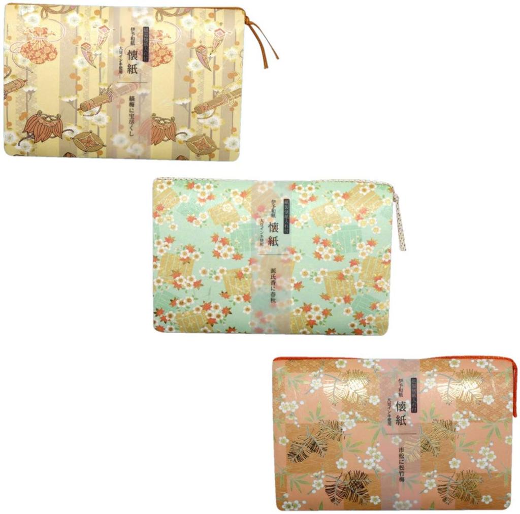 Kamiiso Japanese Washi Paper, Kimono Beauty, 3-Piece Set with Case (Striped Plum Blossom with Treasure, Genjiko with Spring and Autumn, Checkered