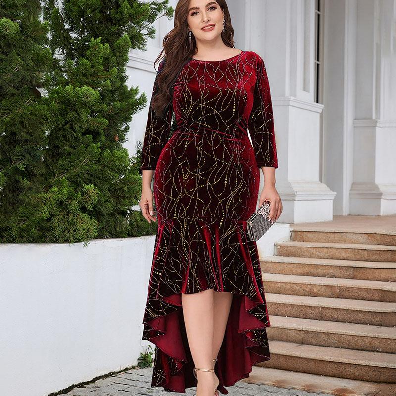 Autumn Women's Plus-size Velvet Dress Three-quarter Sleeve Long Velvet Mermaid Dress