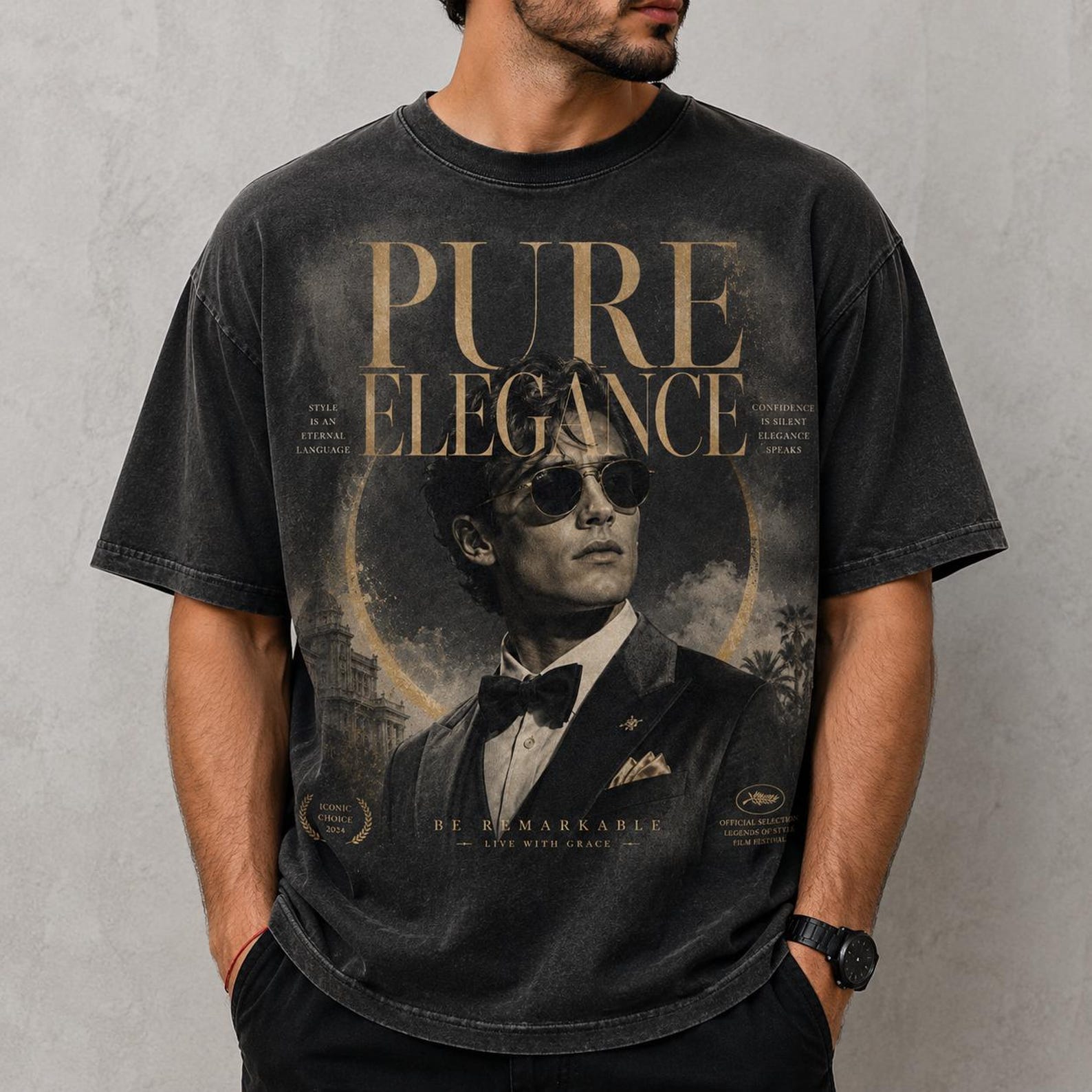 Pure Elegance Vintage Gentleman Graphic Tee, Dark Washed Cinematic Style Shirt S