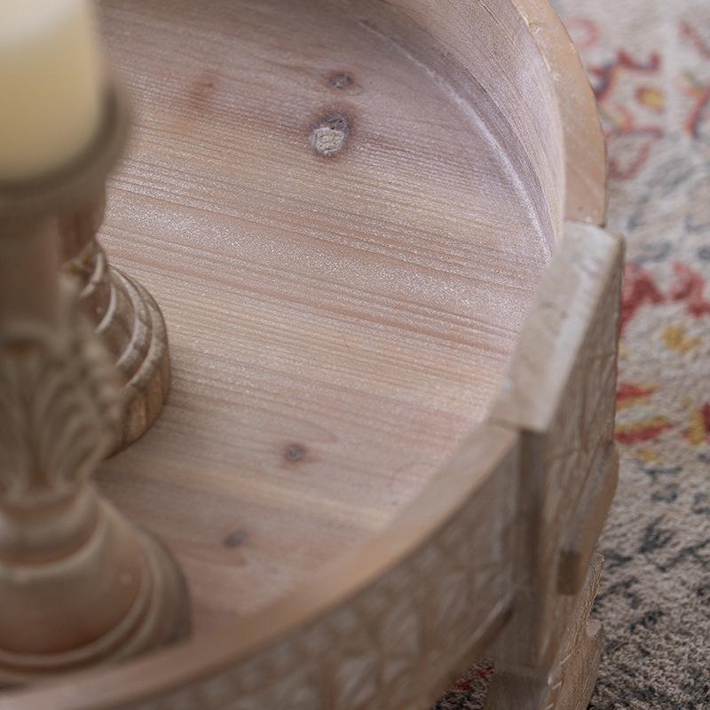 American Retro Round Side Table: Solid Wood Carved Coffee Table for Hotel or Homestay Décor