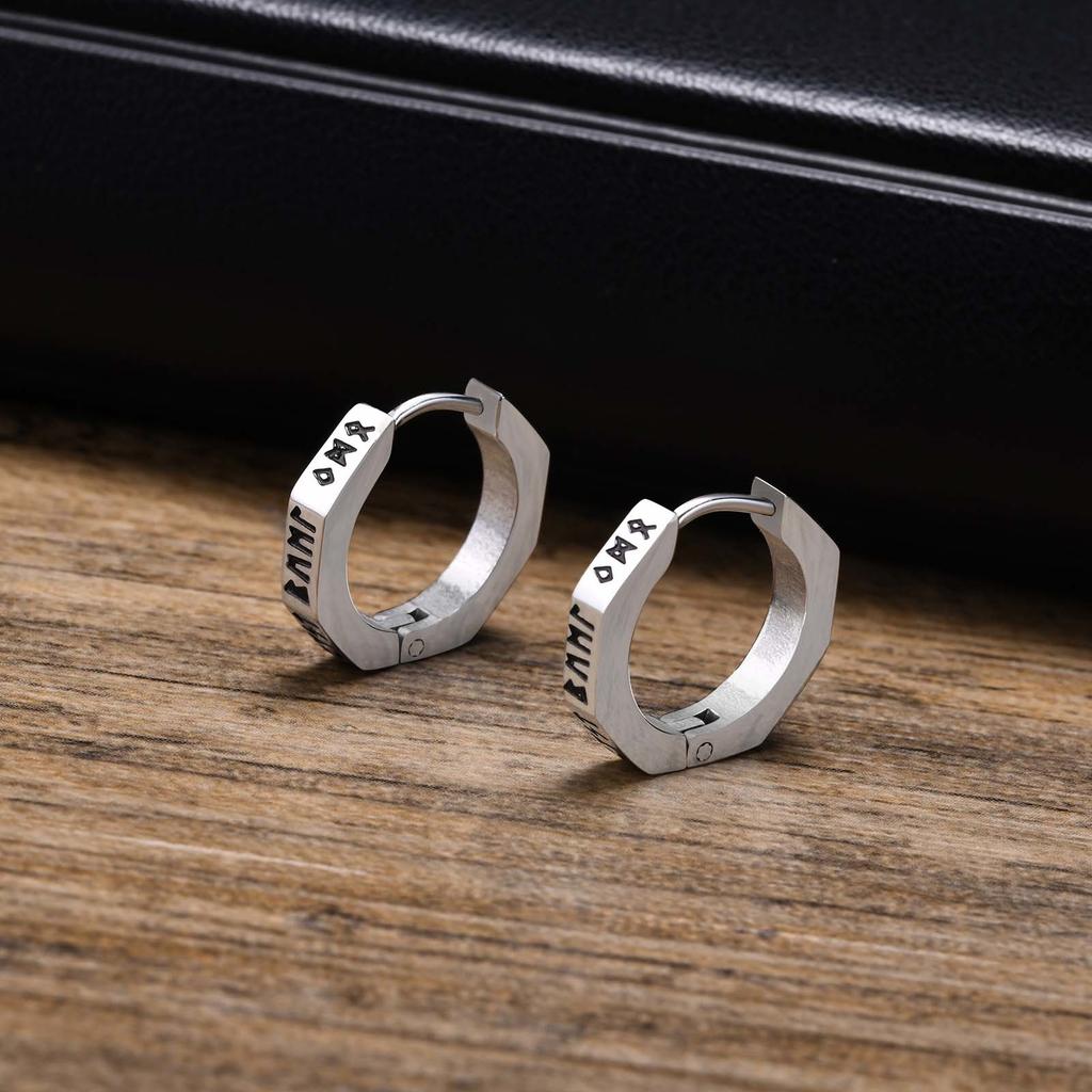 Orecchini a Cerchio Vichingo del Nord da uomo Acciaio Inossidabile Ottagono Rune Orecchini Rotondi Talismano Gioielli Eleganti Regali Vichinghi per Uomo
