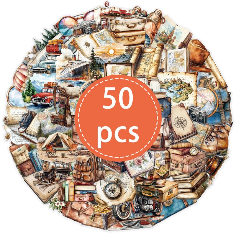 

50PCS Vintage Travel Stickers Aesthetic Retro Outdoor Expedition Decorative Antique Decals for Suitcase Scrapbook Water Bottle