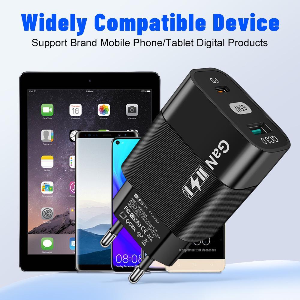 65W GaN USB-C Fast Charger with EU/US/UK Adapter