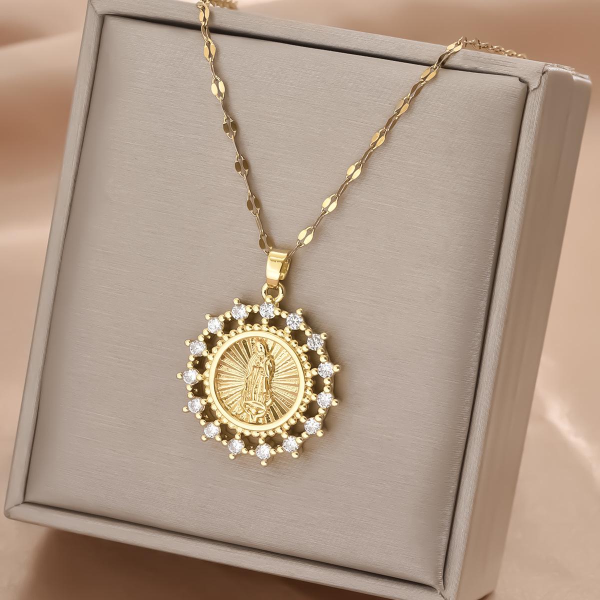 

Кулон Мать Мария с цирконом, ожерелье из нержавеющей стали с узором «водная рябь» золотой