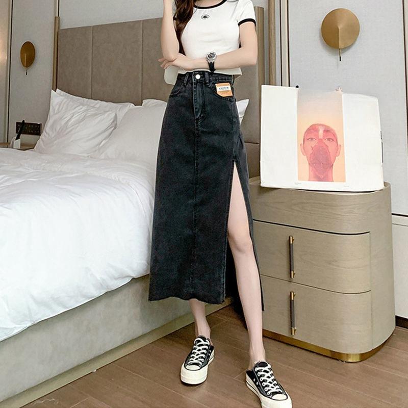 

Женская юбка-бюстье из тонкого, открытого покроя с высокой талией и открытой вилкой, средней длины, А-силуэта, женская универсальная, удобная, модная, джинсовая юбка XXL чёрный