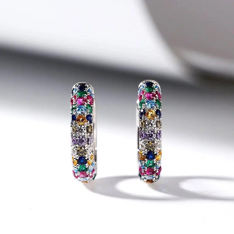 Silver Rainbow Multicolor CZ Huggie Hoop Earrings Micro Pave Colorful Crystal Small Hoop Earrings Women Statement Jewelry