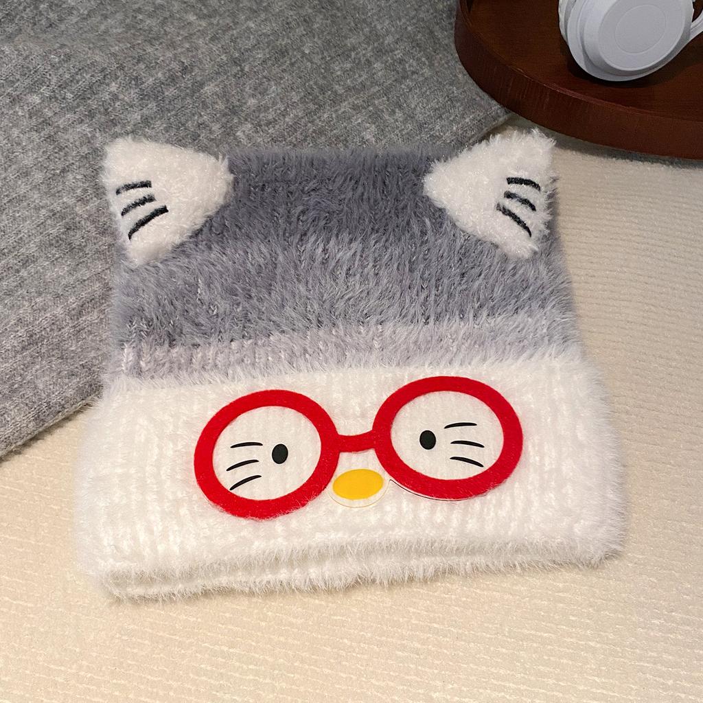 Cute glasses cat ears bear ears plush pullover hat women's new thickened warm face small knitted wool hat