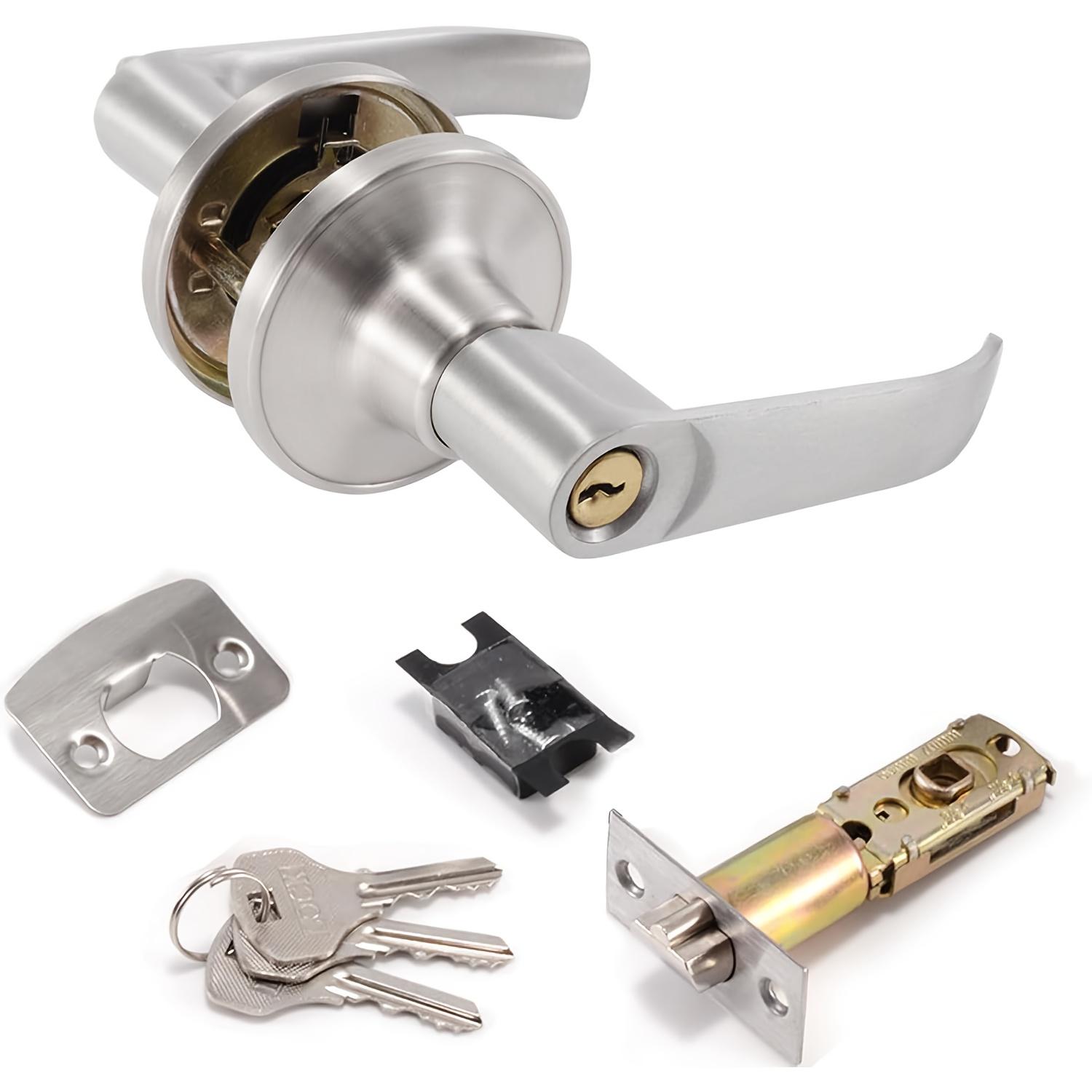 Silver Security Door Lock Set with Adjustable Latch and Privacy Handle, Privacy Locks for Bedroom, Bathroom, Kitchen, Office Security Door Lock