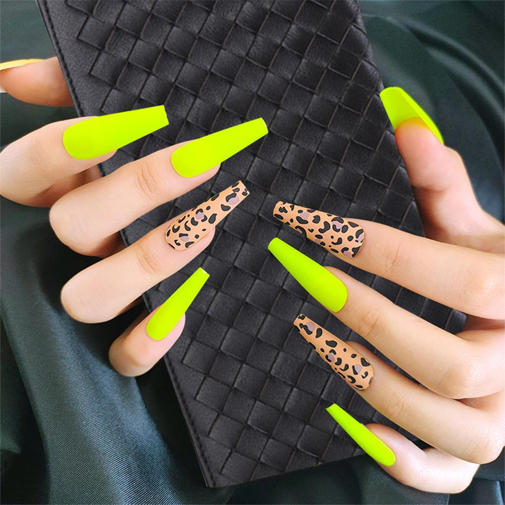 1 Set French Tip Press On Nails Leopard Pattern Long Artificial Matte Fingernails Fluorescent Yellow Tips Full Cover Ballerina