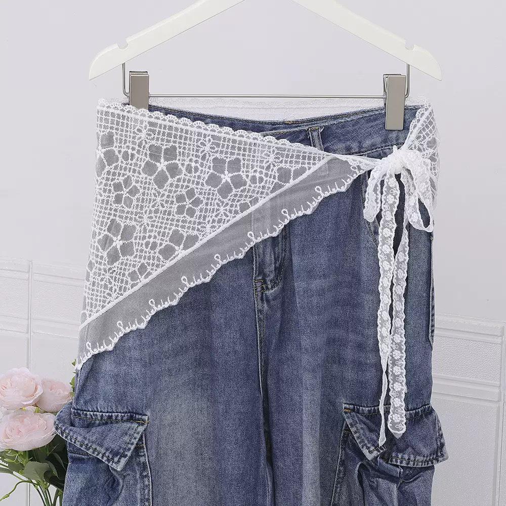 Korean Lace Embroidered Waistband Tulle Skirt with Layered Scarf Accessory