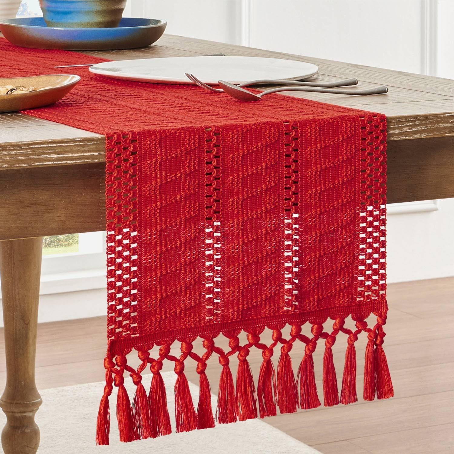 

Macrame Style Boho Table Runner, Dresser Runner Cover Top,Ivory Table Runners for Living Room Kitchen Farmhouse Woven Home Decor (Red,30x120cm) червоний