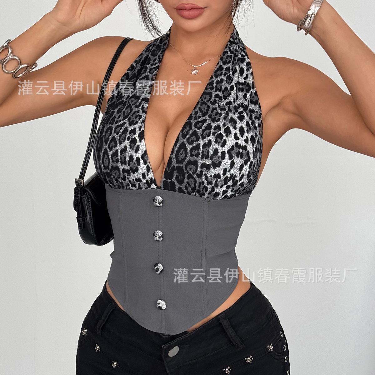

European and American style hot girl leopard print splicing sexy neck deep V fish bone inner button slim small vest women S серый
