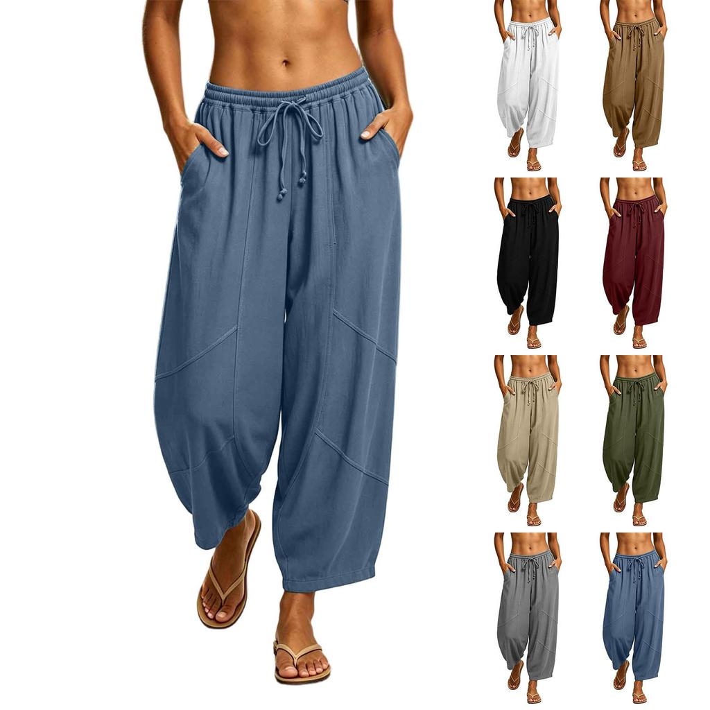 Women's Color Elastic Waist Drawstring Pants with Pockets, Casual Pants