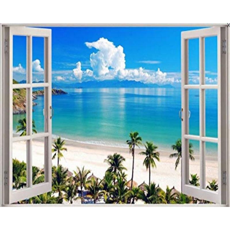 5D Full Drill Round Diamond Painting Window Seaside Landscape Embroidery Sale Rhinestones Mosaic Wall Art 40x50cm
