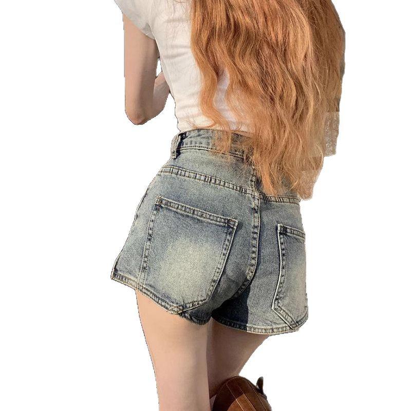 Spicy Girl Retro High-Waist Denim Shorts for Women - Elastic, Slit, A-Line Hot Pants