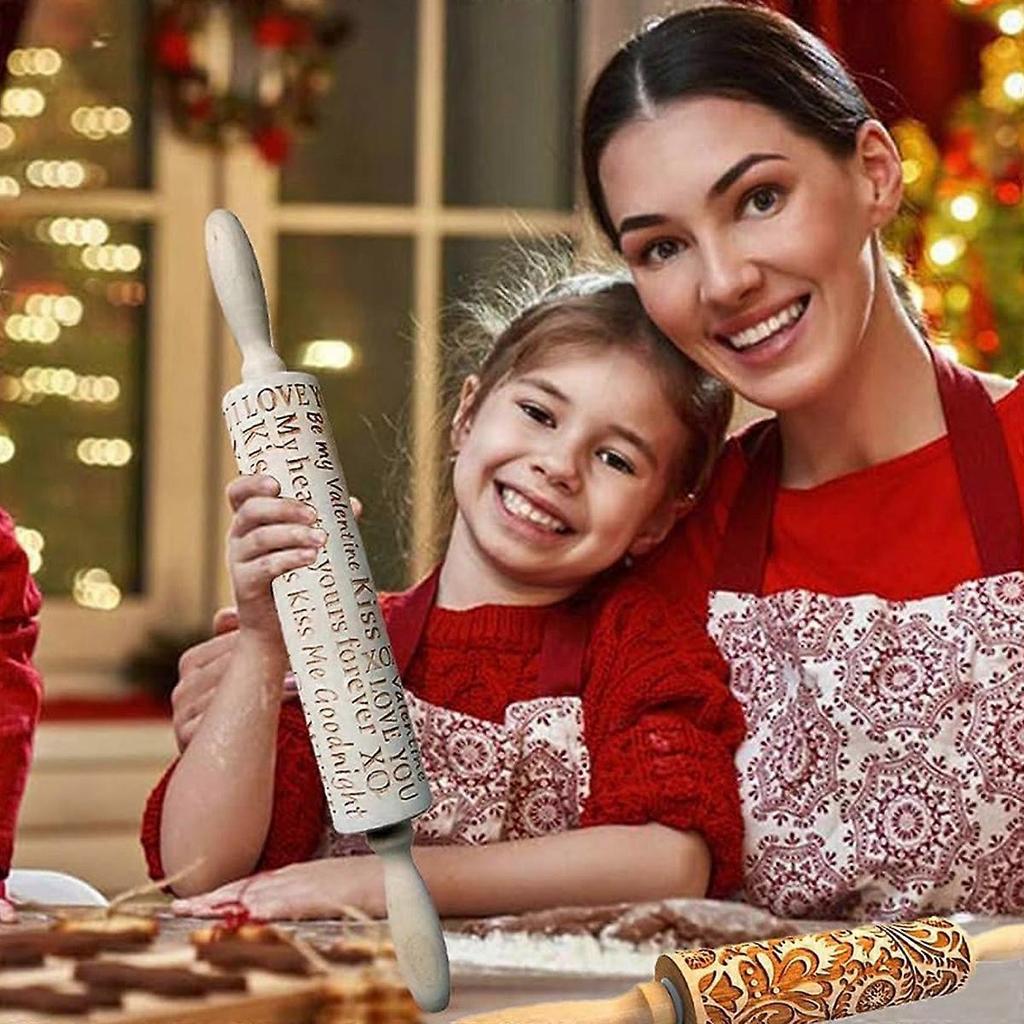 Embossed Wooden Rolling Pin for Baking, Christmas Design
