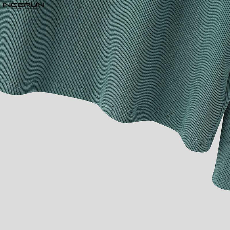 INCERUN Men Lapel Neck Long Sleeve Plain Texture Casual Tops T-Shirts 