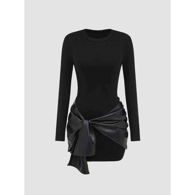 

European American Spring Autumn Women s Clothes Long-sleeved Pure Color Fashionable PU Ribbons Temperament Slim Waist Bag Hip Dress Women M чёрный