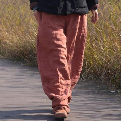 Γυναικείο χειμερινό παντελόνι φαρδύ πόδι Βαμβακερό λινό ζεστό παντελόνι μονόχρωμο ελαστικές τσέπες μέσης Vintage γυναικείο παντελόνι
